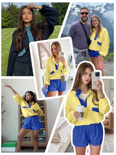 Womens 2 Piece Sets Sweatsuits Casual Half Button Color Block Sweatshirts Running Shorts Tracksuits Fall Outfits