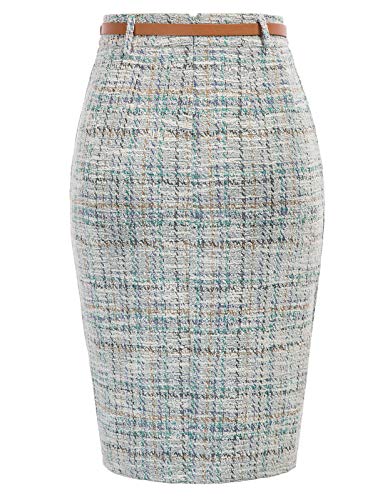 Women's Tweed Pencil Skirt Knee Length High Waisted Skirts with Slit Elegant Skirts with Belt