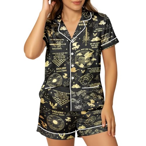 Women’s Silk Satin Pajama Set, Short Sleeve Button Down 2 Piece PJs with Shorts, Cozy Loungewear & Matching Holiday Pajamas