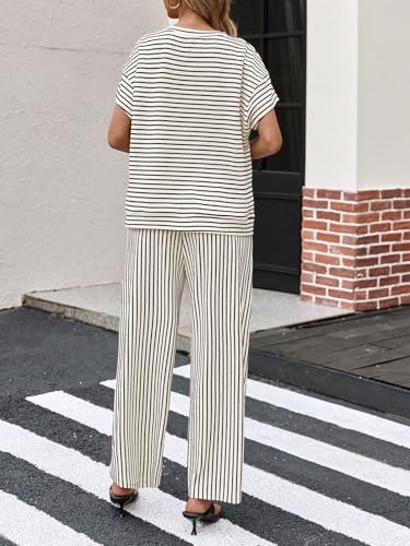 Womens Striped 2 Piece Sets Short Sleeve T Shirts Wide Leg Pants Matching Lounge Set with Pockets