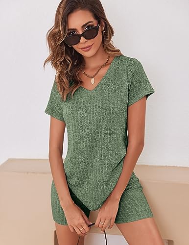 Biker Short Sets Women 2 Piece Outfits Ribbed Pajama Short Sleeve Workout Set