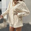 Womens 2 Piece Outfits Striped Long Sleeve Button Down Collared Shirt Matching Shorts Sets