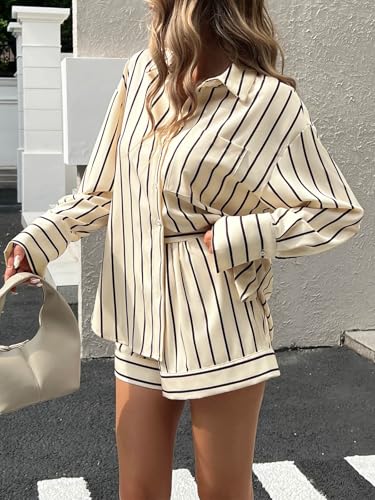 Womens 2 Piece Outfits Striped Long Sleeve Button Down Collared Shirt Matching Shorts Sets