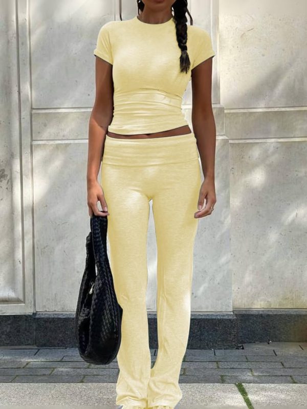 Women's 2 Piece Lounge Outfits Slim Short Sleeve Tops Low Rise Flare Leggings Sets Yoga Sweatsuit